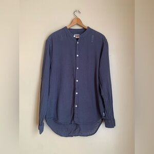 Vtg Denizen Levis Band Collar Linen Blend Shirt Size L Mandarin Blue Button